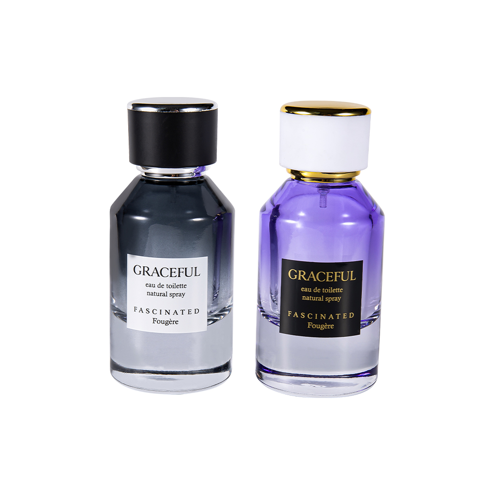 GC4416-WJ2098 50ml potištěná skleněná lahvička na parfém s kůží, ABS plastový uzávěr, PP podšívka odolná proti UV záření