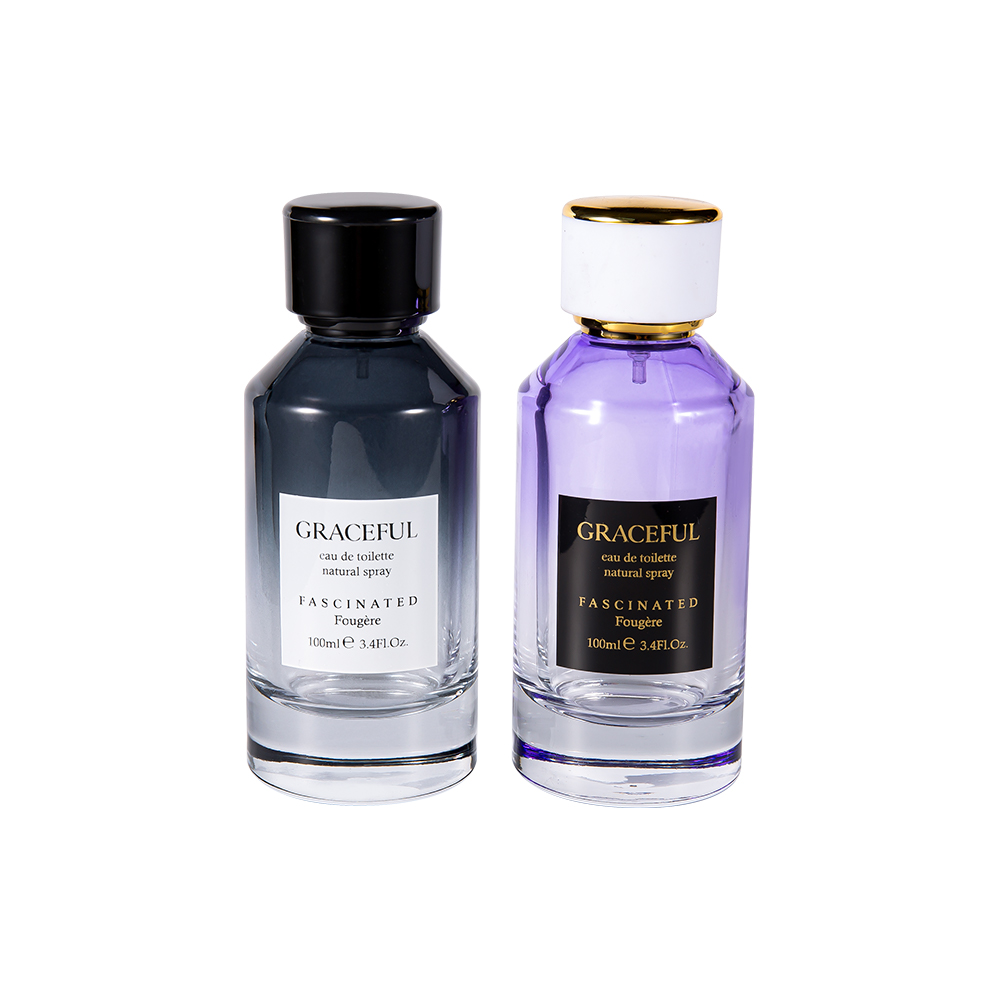 GC4418-WJ2098 100ml barevně potažená potištěná skleněná lahvička na parfémy s koženým ABS plastovým uzávěrem a UV PP vložkou