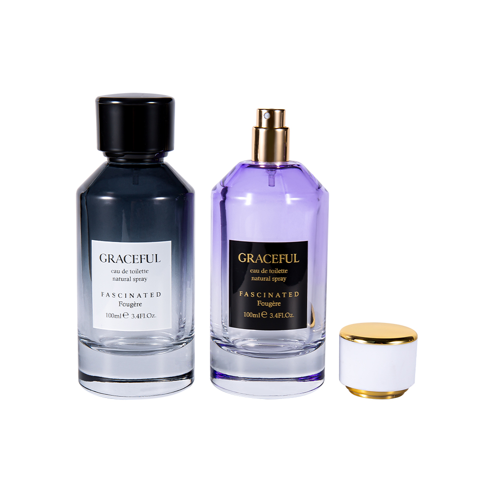 GC4418-WJ2098 100ml barevně potažená potištěná skleněná lahvička na parfémy s koženým ABS plastovým uzávěrem a UV PP vložkou