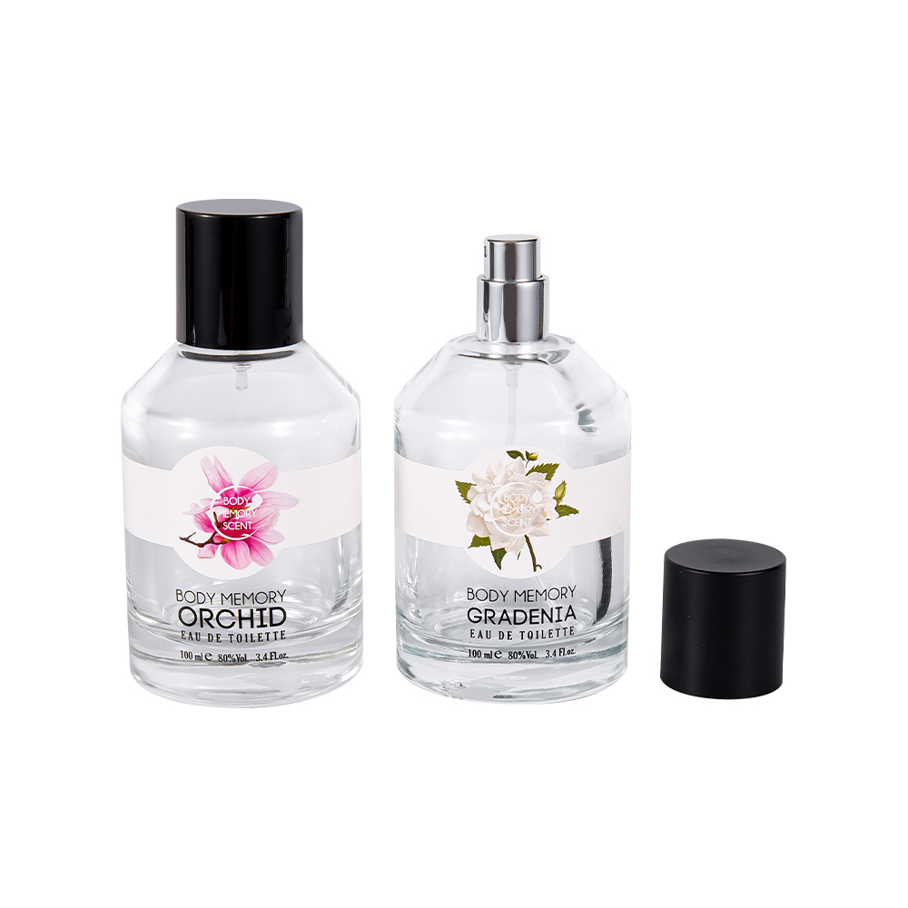 KY1603-WJ2388 100ml tištěná samolepka Skleněná láhev parfému s válcovým lesklým matným černým PP uzávěrem