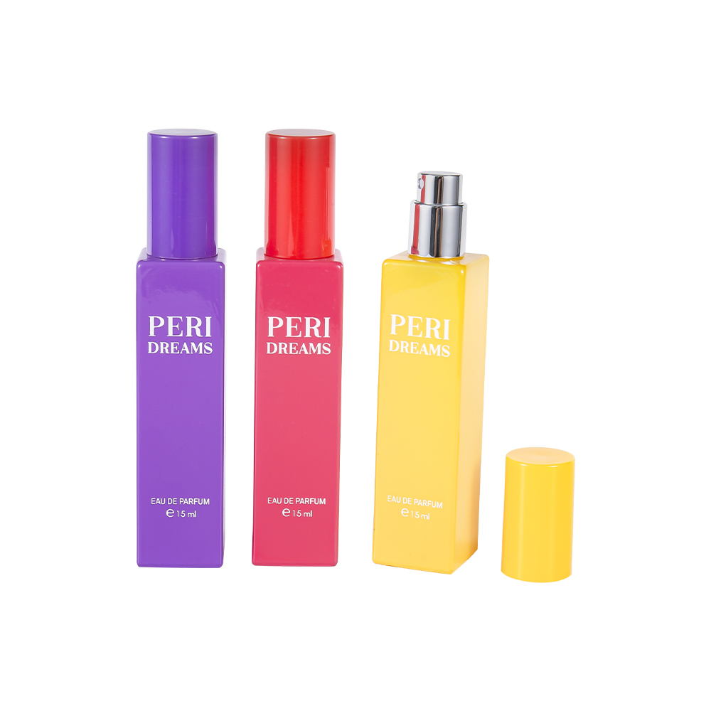 GC4421-WJ2369B 15ml minikapacita potažená obdélníková skleněná lahvička na parfémy s válcovým PP uzávěrem