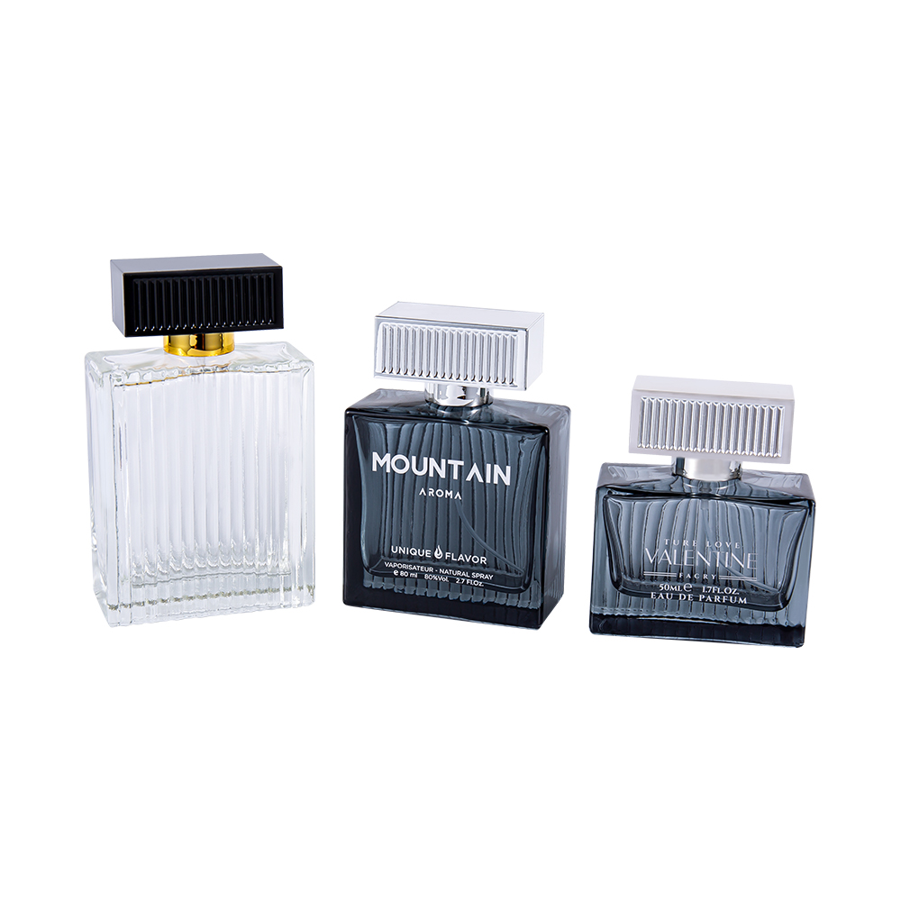 Skleněná lahvička na parfémy GC4311-WJ2092 80ml s vertikálními pruhy a krytem s plastovými pruhy z ABS